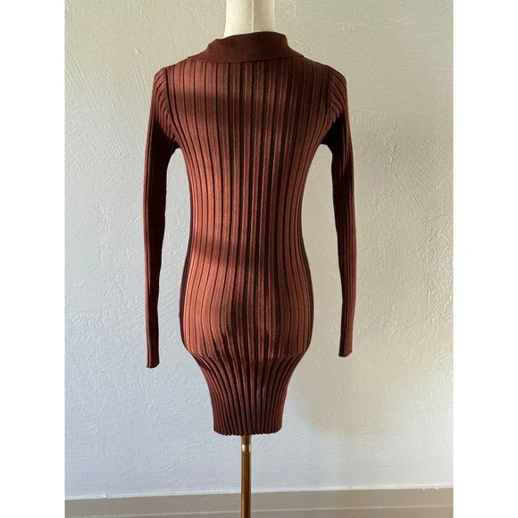 Tularosa Brown Ribbed Knit Mini Dress sz SM Long Sleeve Collared Fitted Bodycon - Picture 8 of 10